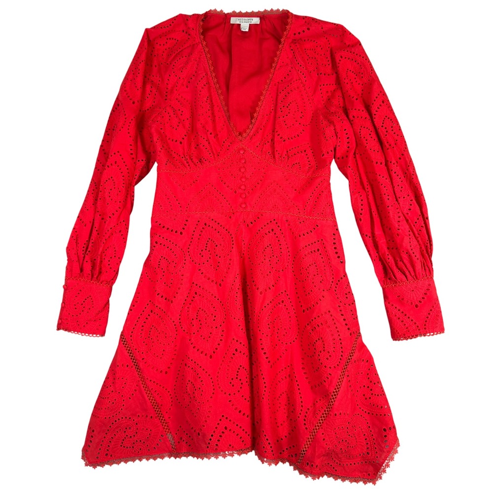 AllSaints Red Eyelet Mini Dress Long Sleeve V-Neck Lace Trim Size US 6